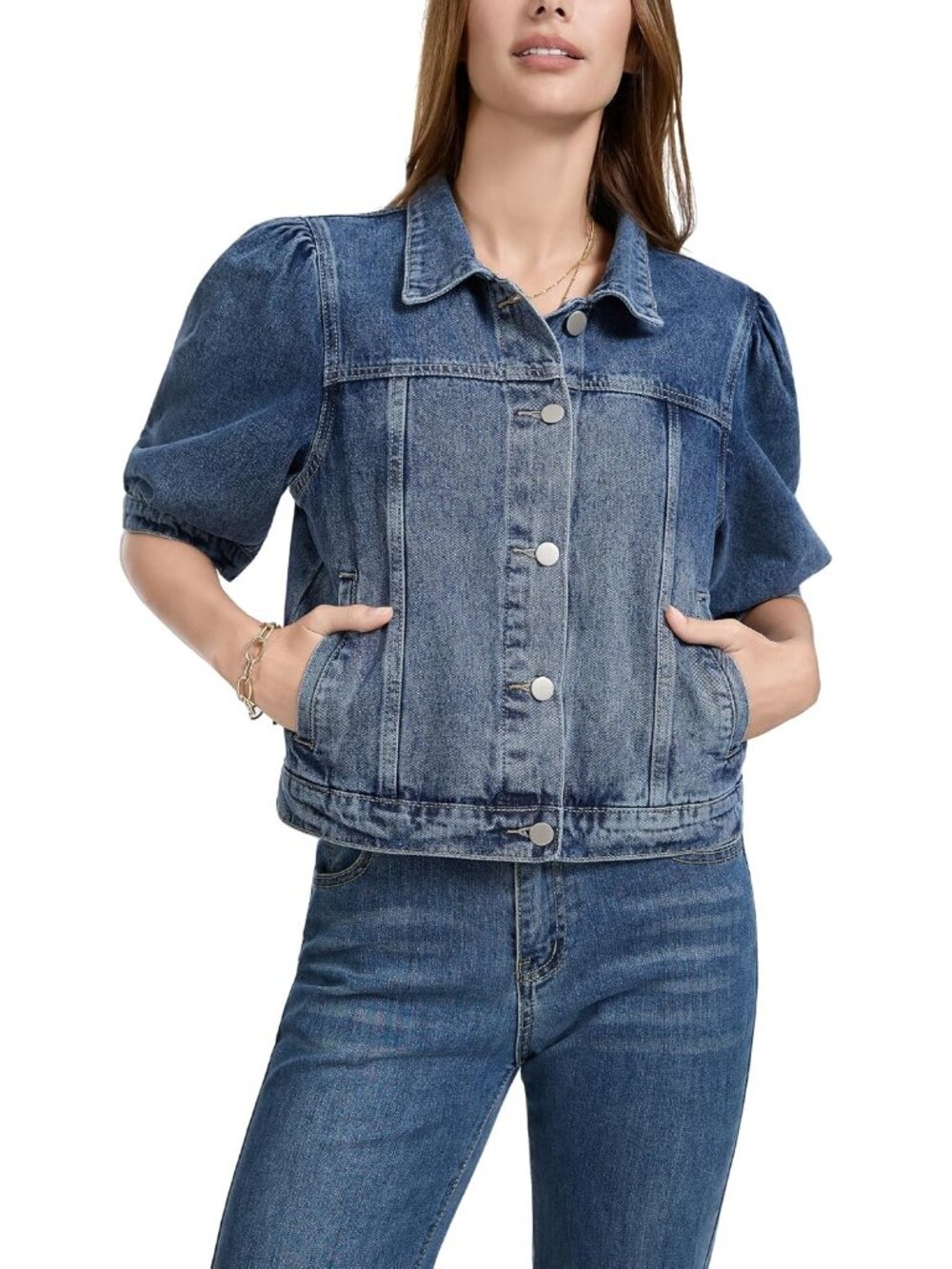 Women's Grey Blue Cropped Short Puff Sleeve Trendy Denim Jackets with Pockets - Picture 4 of 5